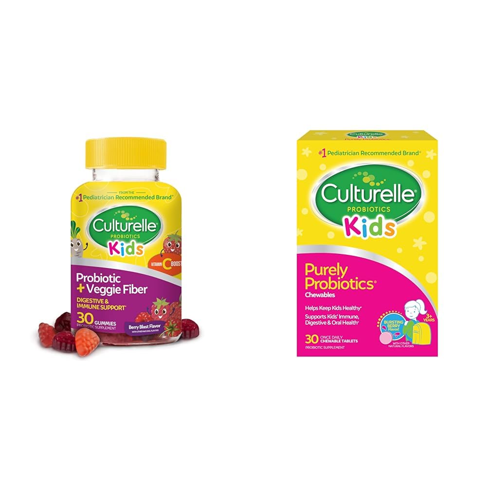 Kulturelle daglige probiotika for børn + Veggie Fiber Gummies (Age 3 +) - 30 Count & Kids Chewable Daily Probiotika for børn, Age 3 +, 30 Count, # 1 Pediatrician-Recommend
