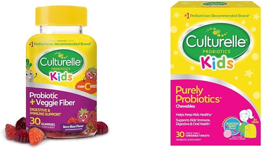Kulturelle daglige probiotika for børn + Veggie Fiber Gummies (Age 3 +) - 30 Count & Kids Chewable Daily Probiotika for børn, Age 3 +, 30 Count, # 1 Pediatrician-Recommend