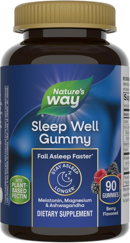 Nature 's Way Sleep Well Melatonin og Magnesium Gummies, Sovestøtte til voksne *, med Ashwagandha, Berry Flavored, 90 Gummies