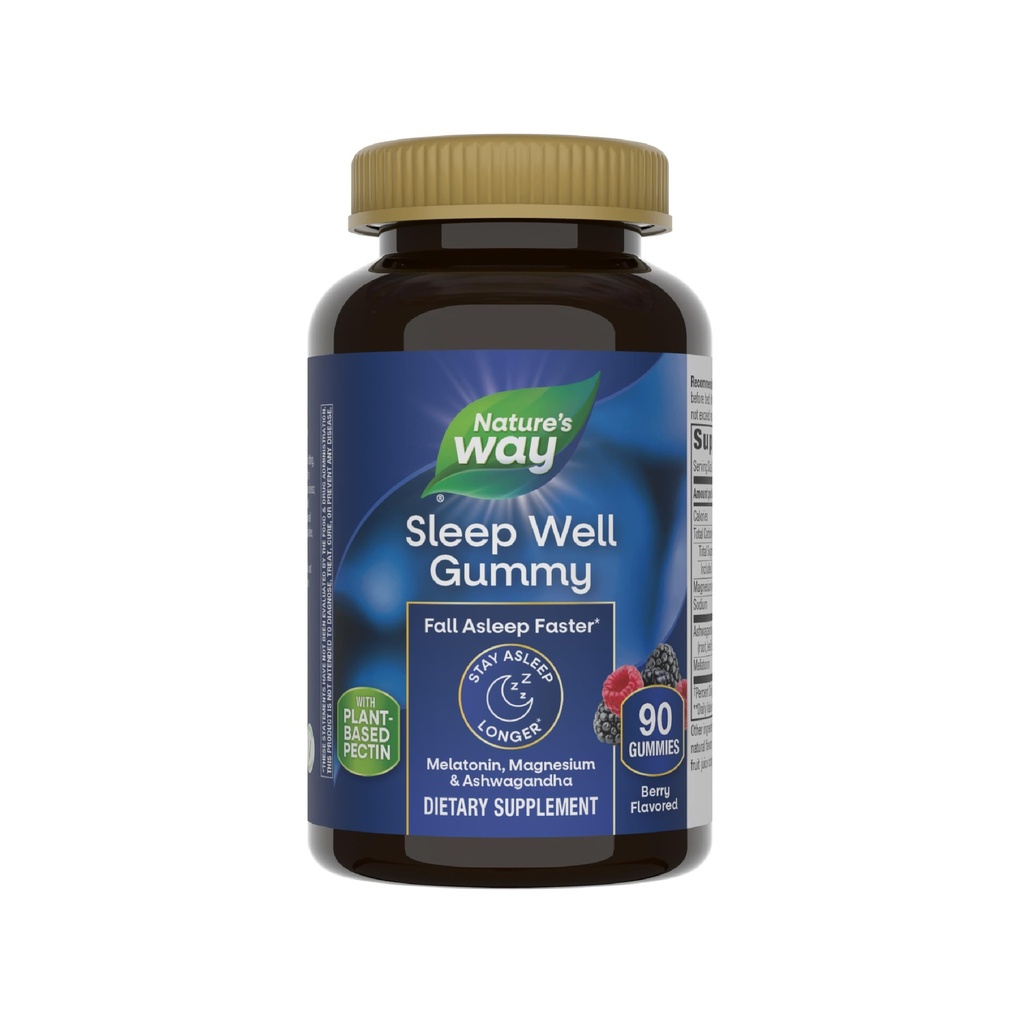 Nature 's Way Sleep Well Melatonin og Magnesium Gummies, Sovestøtte til voksne *, med Ashwagandha, Berry Flavored, 90 Gummies