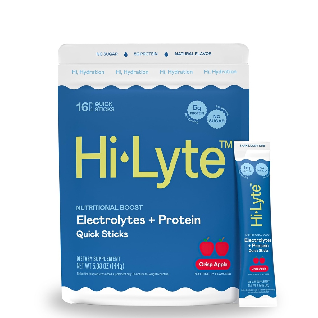 Hi- Lyte Electrolytes + Protein Quick Sticks Crisp Apple, 16 Servering - Natrium, Kalium, Whey Protein - Keto Friendly - 5g Protein, No Sugar