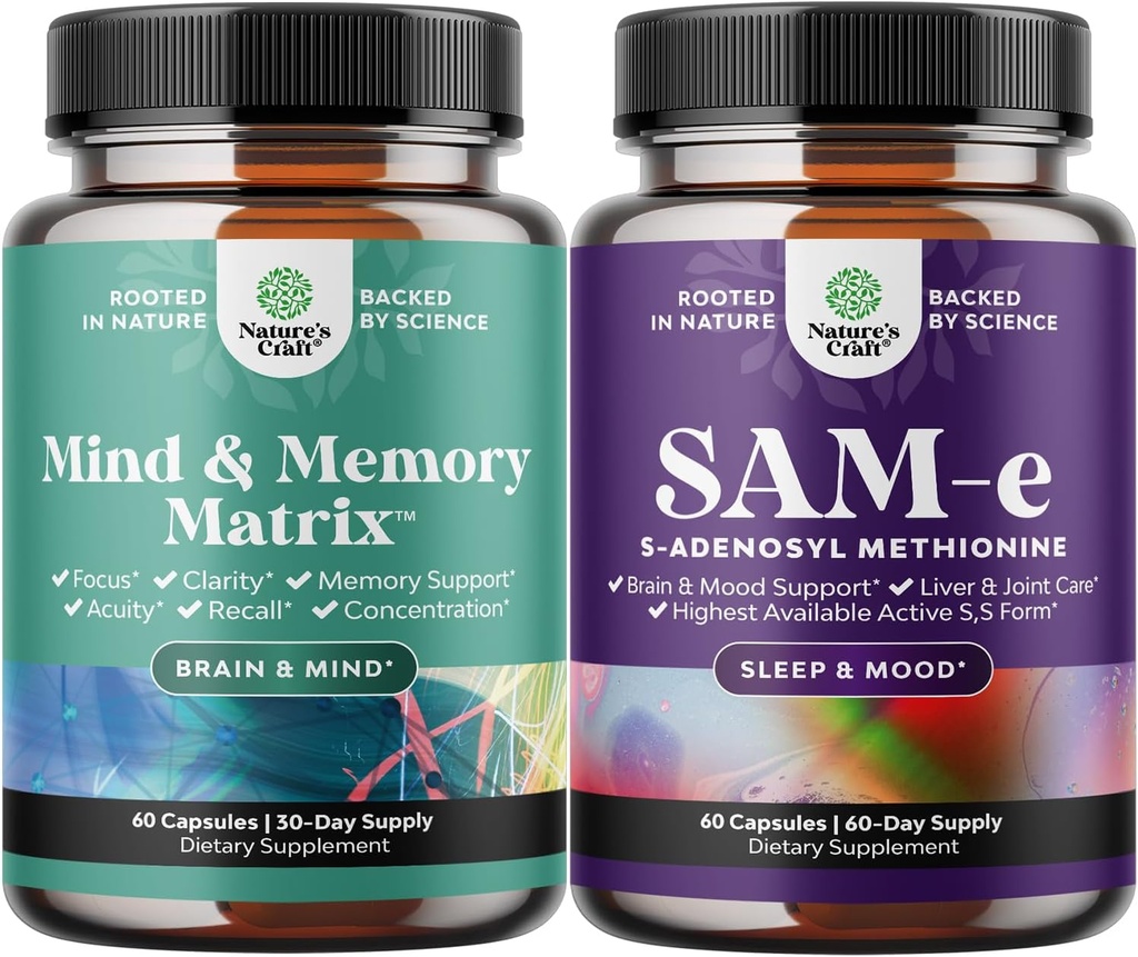 Bundle of Advanced Brain Supplement for Memory & Focus - Vitaminer for voksne i alle aldre og Sam- E 200mg Mood Support - S- Adenosyl Methionin for Natural Afslappende Mood Boost Brain Support