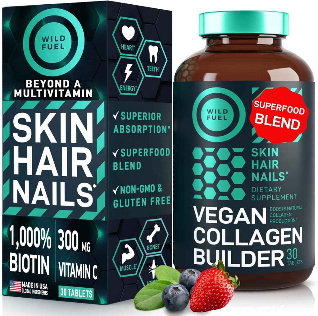 WILD FUEL Vegan Collagen Builder - Biotin, Organic Superfood, Amino Acids Glycine, Lysine, Proline Plant-Based Collagen Booster Supplements - 30 Organic Extract Tablets