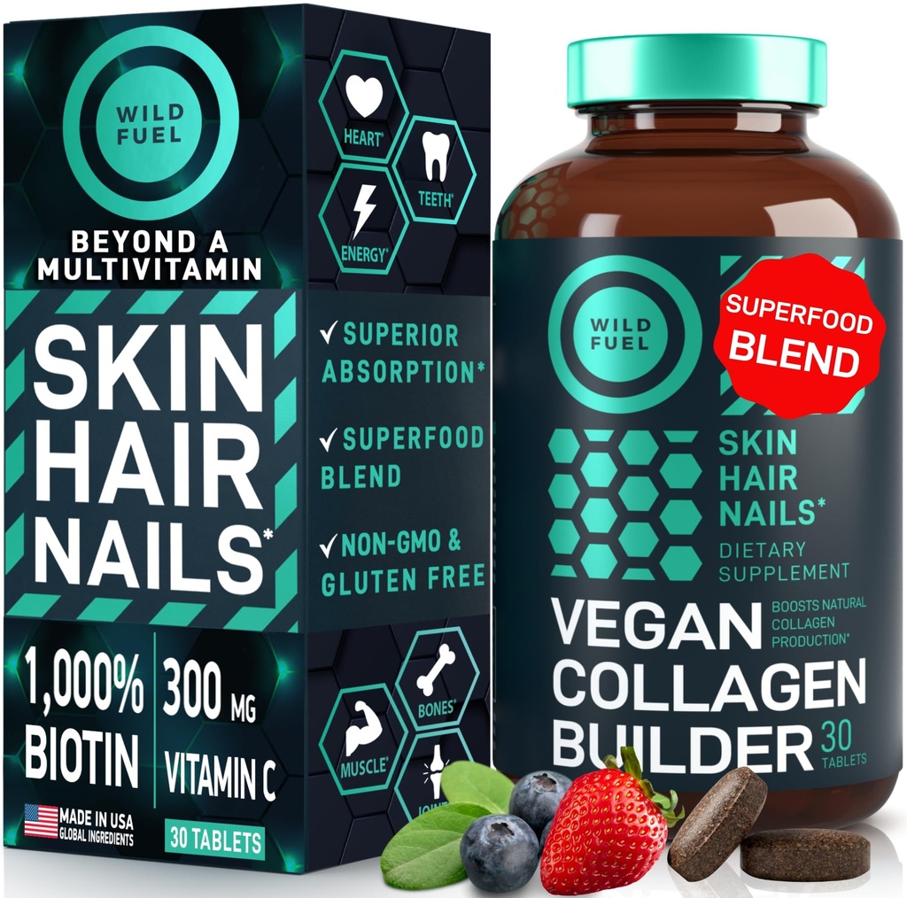 WILD FUEL Vegan Collagen Builder - Biotin, Organic Superfood, Aminosyrer Glycin, Lysin, Proline Plant- baseret Collagen Booster Kosttilskud - 30 Organic Extract Tablets