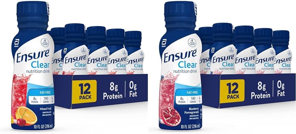 Ensure Clear Nutrition Drink, 0g Fat, 8g Protein, Mixed Fruit & Blueberry Pomegranate Flavors, 10 Fl Oz, Pack of 12
