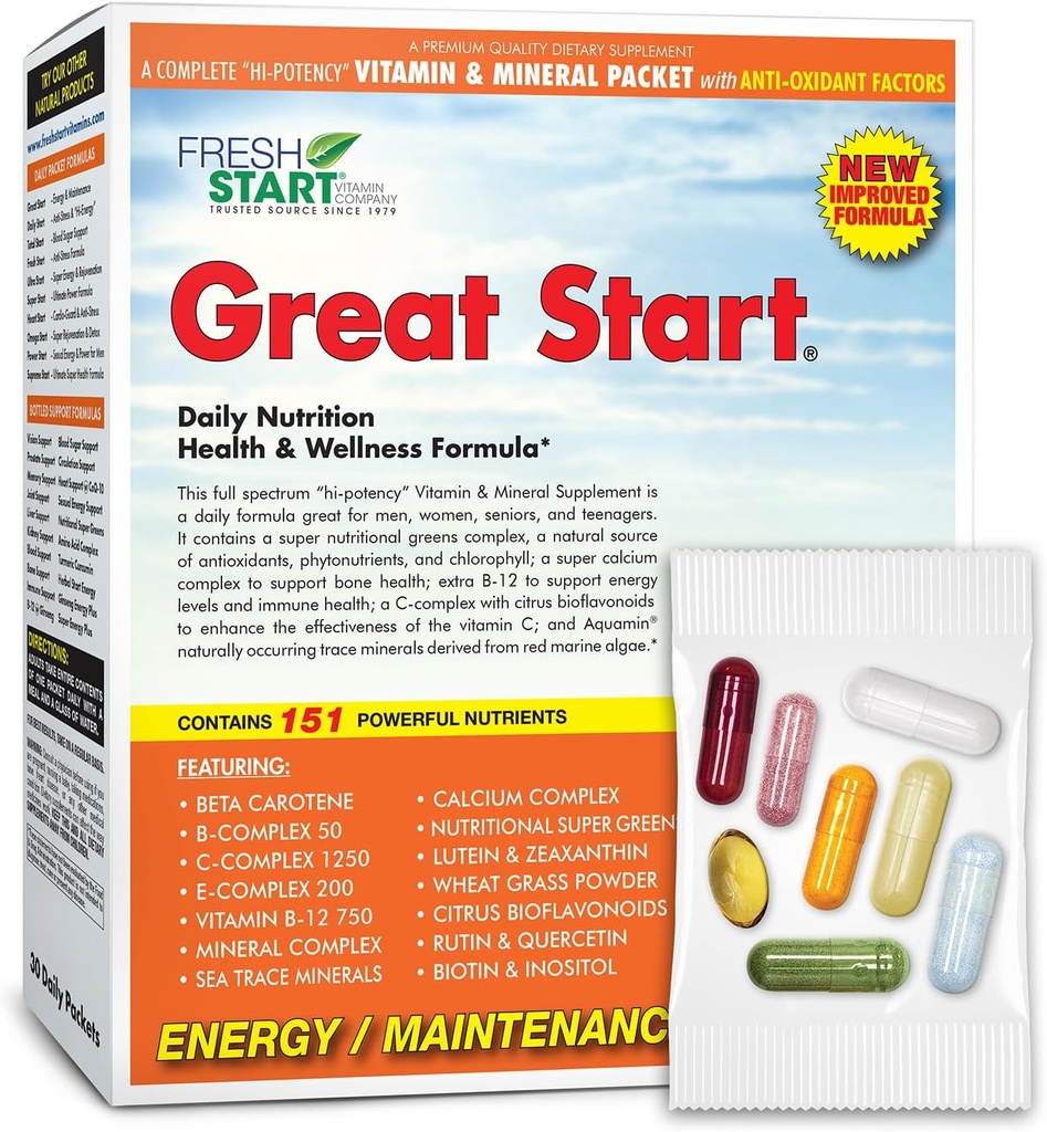Great Start Complete Daily Vitamin Pack (124; Energi & Essentials) 124; Vitamin A, B, C, D, E, B12, Biotin, Mineraler, Calcium, Magnesium, Zink, Super Greens (30 Pakker)