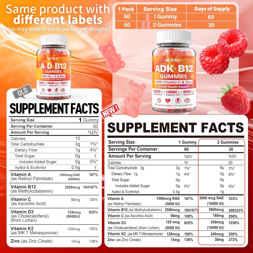 NEVISS 2Pack Vitamin ADK med B12 Gummies + 1Pack Glucosamin Filled Gummies