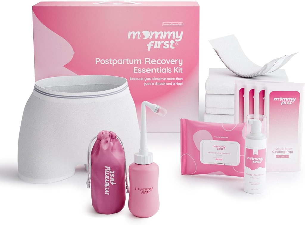 Mommy First® Postpartum Essentials Recovery Kit – Next-Gen Perineal Ice Packs, Witch Hazel Healing Foam, Witch Hazel Liners, Upside Down Peri Bottle & Postpartum Underwear for Postpartum Recovery