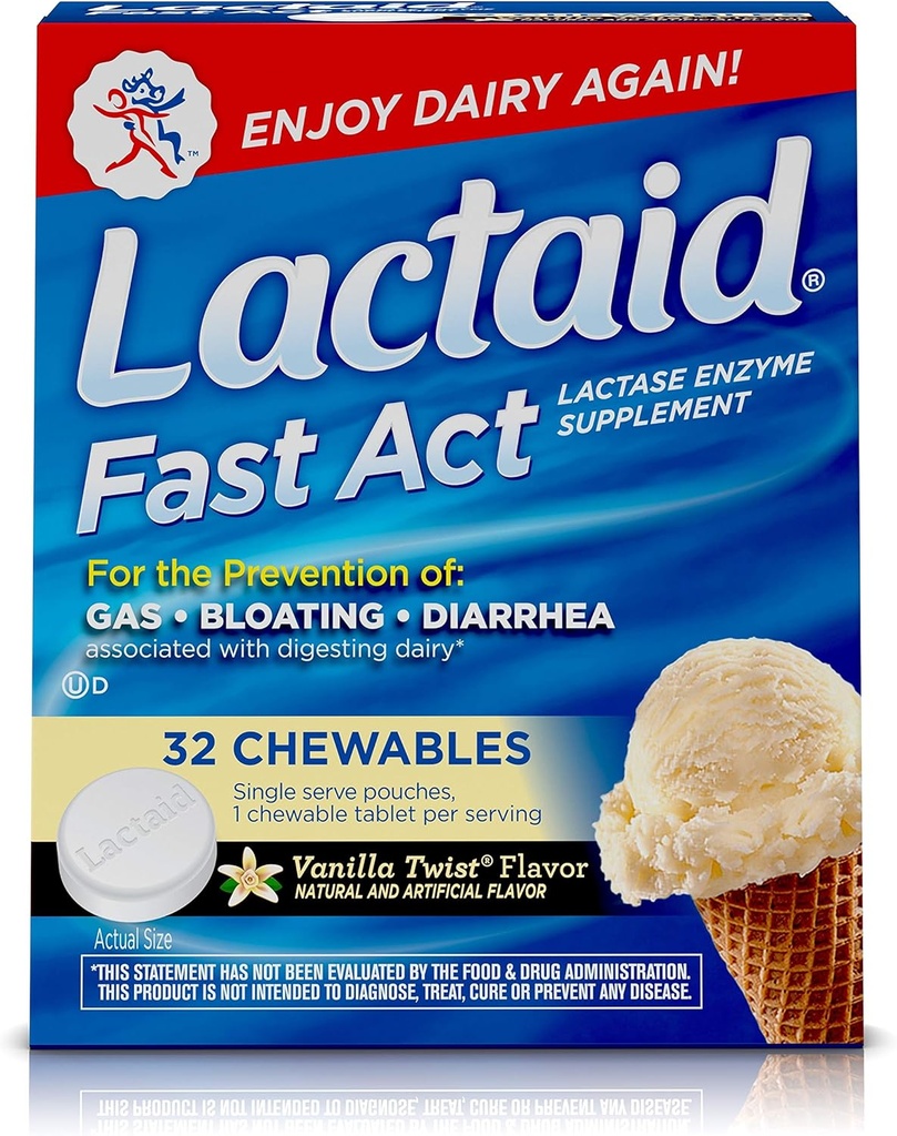 Lactaid Fast Act Lactose Intolerance Chewables med Lactase Enzymes, Vanilla Twist, 32 Pks af 1ct.