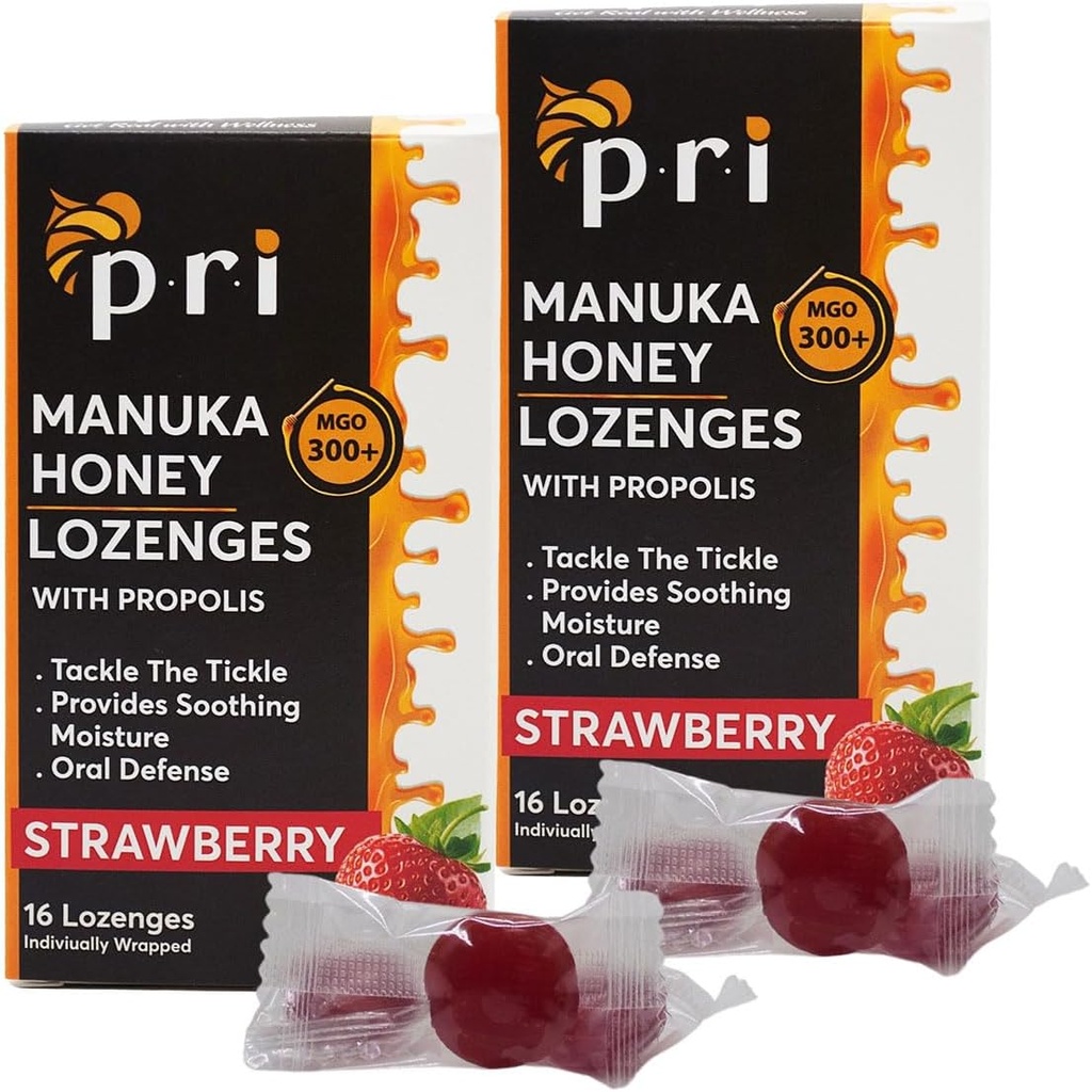 P.R.I Manuka Honey Lozenges med Propolis, Lindrende Hoste og Halsdråber, MGO 300 + Certified (Strawberry, 16 Greve / 2 Pack)
