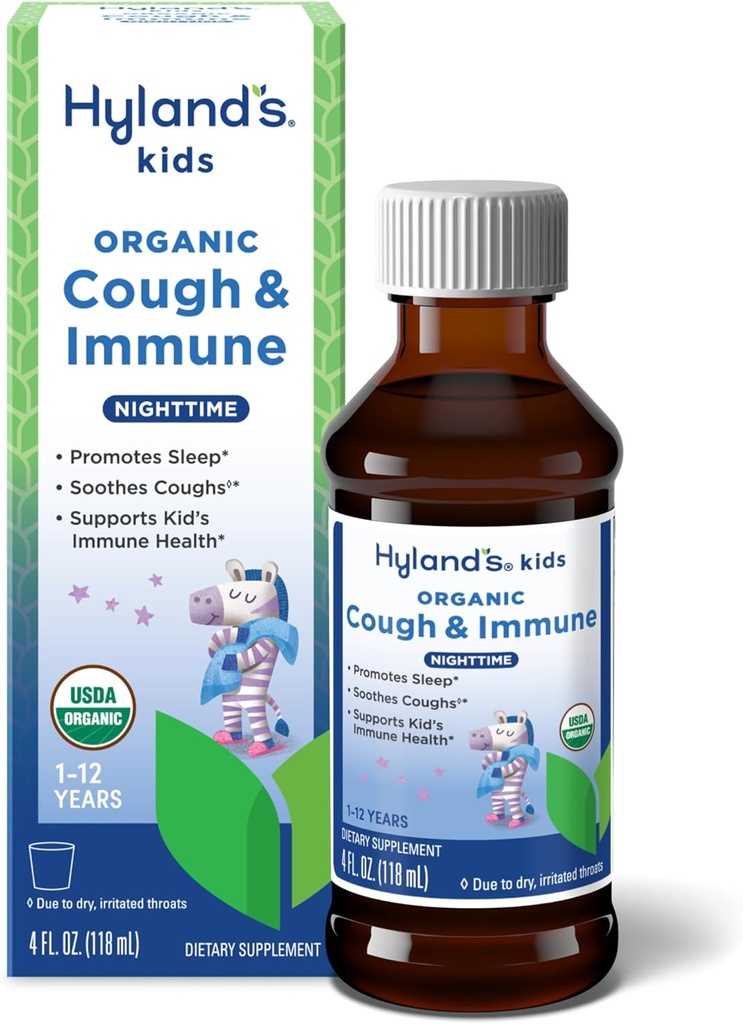 Hyland 's Kids Nighttime Organic Hough Syrup og immunforsvar med Agave, Elderberry og Pomegranate, Sodhes Hough, og støtter Immunitet, 4 Fl. Oz.