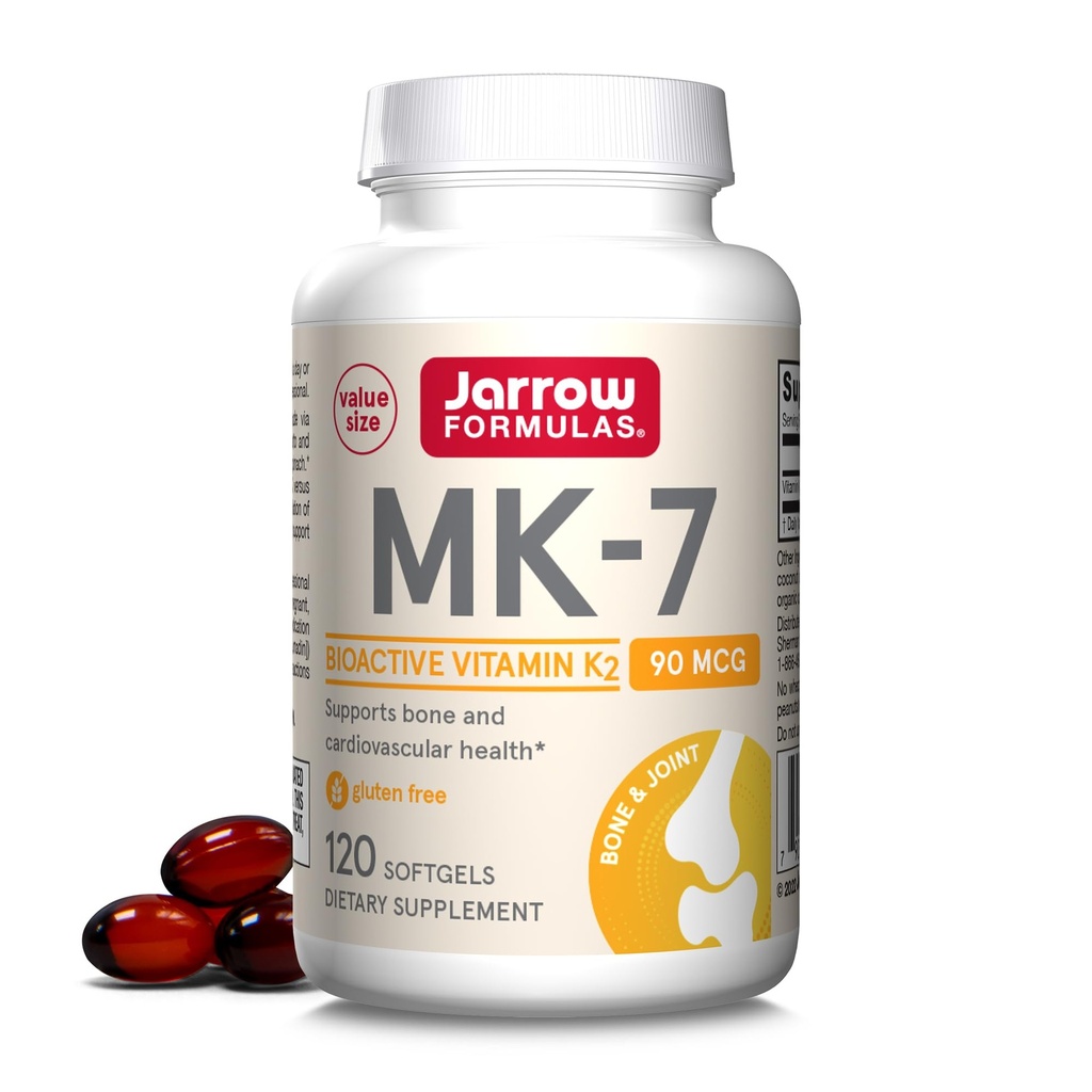 Jarrow Formulas MK- 7 90 mcg - Bioactive Form of Vitamin K2- 120 Servering (Softgels) - for ben & Kardiovaskulære Sundhed - Vitamin K2 MK- 7 Kosttilskud - K2 Vitamin Supplement MK- 7 - Gluten Free