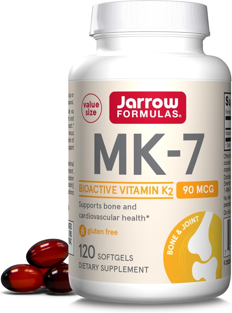 Jarrow Formulas MK- 7 90 mcg - Bioactive Form of Vitamin K2- 120 Servering (Softgels) - for ben & Kardiovaskulære Sundhed - Vitamin K2 MK- 7 Kosttilskud - K2 Vitamin Supplement MK- 7 - Gluten Free