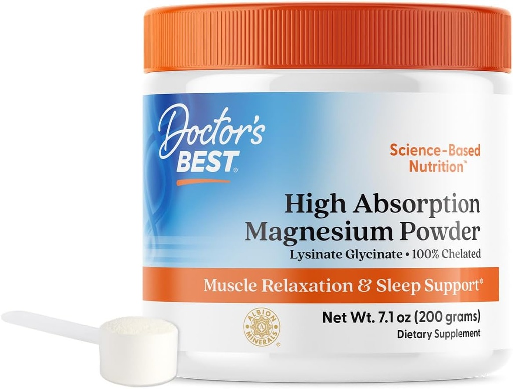 Doctor 's Best High Absorption Magnesium Powder, White, 100% chelated TRACS, Ikke bufferet, Hovedpine, søvn, energi. Non- GMO, Vegan, Gluten Free, 200G, 7.1 Ounce (pakning med 1)