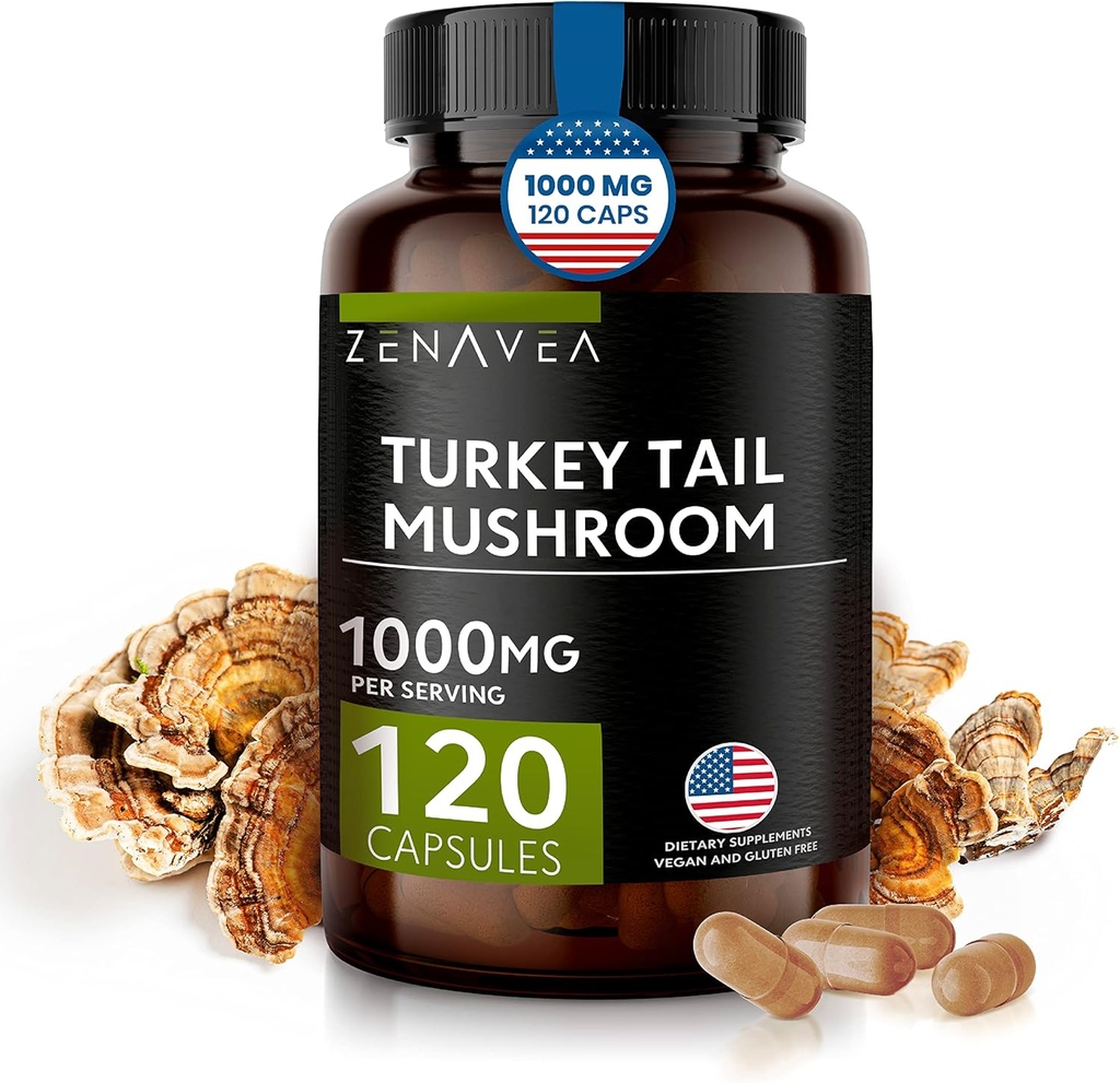 Tyrkiet Tail Mushroom Kapsler Immunsystemet Support, Antioxydant og fordøjelsesegenskaber - Svampe Supplement 1000mg - 120 Kapsler - Ækvivalent med 15.000 mg Økologisk Tyrkiet Hale