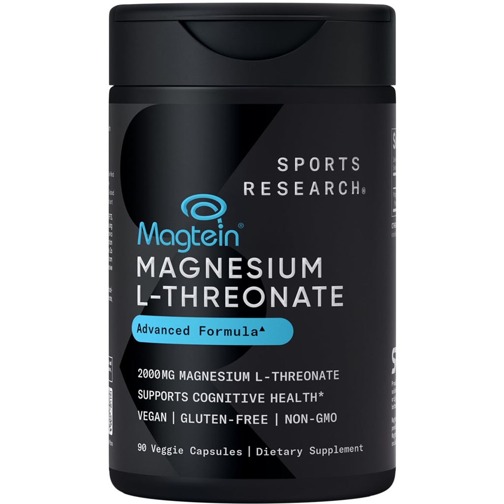 Sport Research Magtein Magnesium L- Threonate kapsler - Magnesium supplement til hukommelse, fokus & kognition - Magnesium L Threonate understøtter hjerne sundhed, søvn & mad - 2000mg, 90 kapsler til voksne