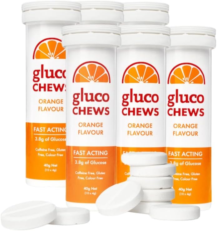 Glucochews Orange Glucose Tablets – 60 Tablets (10 per Tube, 6 Pocket-Sized Tubes) – 3.8g Fast-Acting Glucose Each – Boosts Energy & Blood Sugar – Gluten-Free, Fat-Free, Caffeine-Free