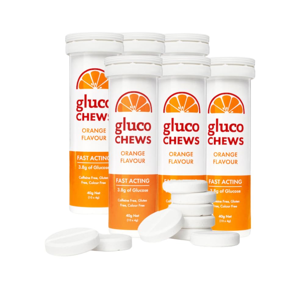 Glucochews Orange Glucose tabletter - 60 tabletter (10 pr. Rør, 6 Pocket- Sized Tubes) - 3,8 g Fast - Fungerende Glucose hver - øger energi & blodsukker - gluten- fri, fat- fri, kaffe-fri