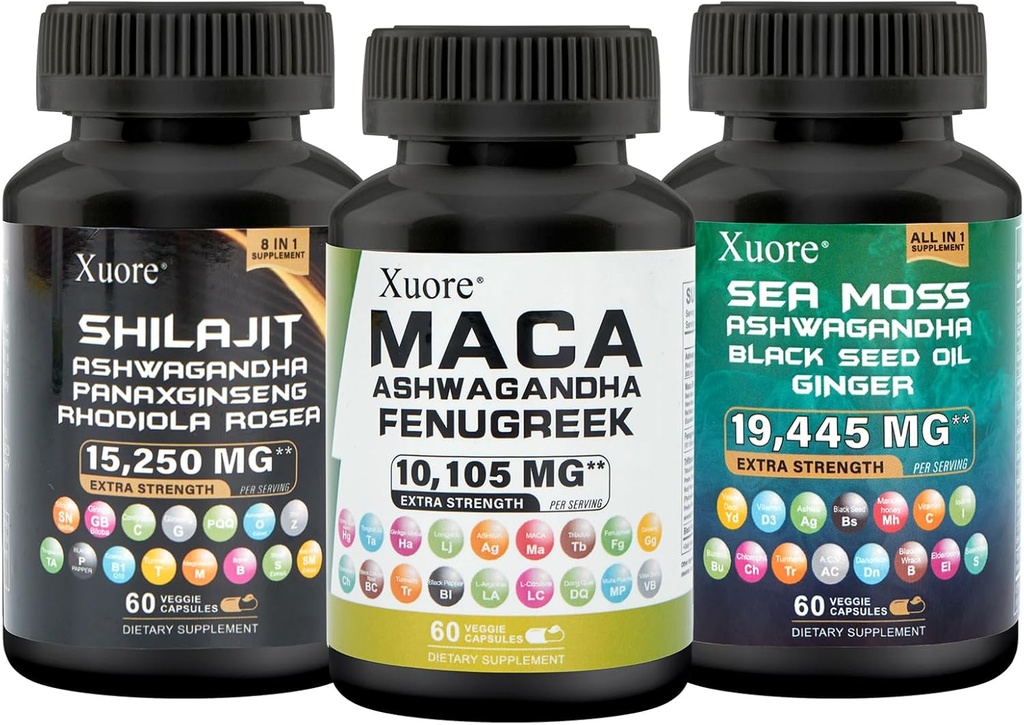 Bundle of Sea Moss, Shilajit, Maca, Black Seed Oil, Ashwagandha, Ginger, Shilajit, Rhodiola Rosea, Panax Ginseng, Maca Root, Fenugreek, Trifibranol100X, Alle i et tillæg (1 pakke)