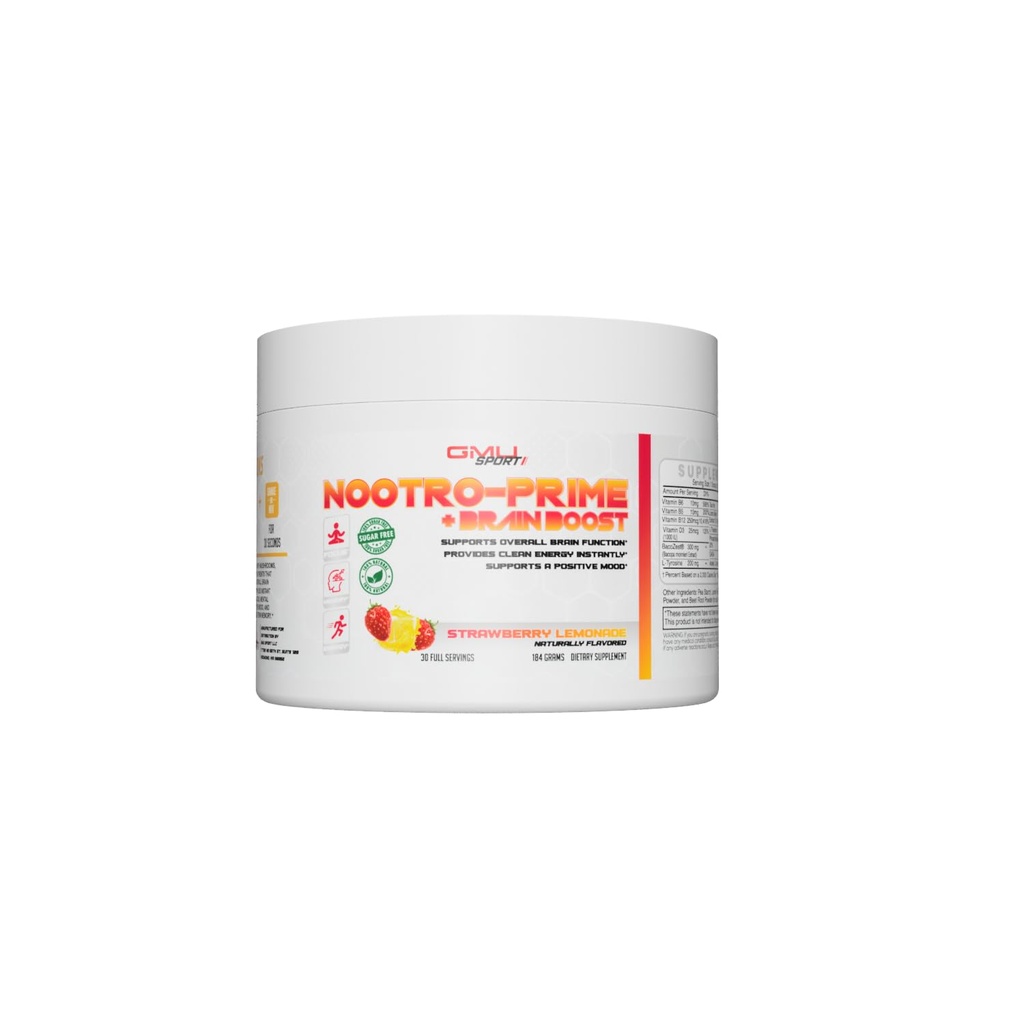 Nootro- Prime Brain Boost - Focus Brain Supplement - Mushroom supplement pulver med Alpha GPC, Nootrop Brain Kosttilskud til hukommelse og fokus med Lions Mane, 30 Servere, Jordbær Lemonade