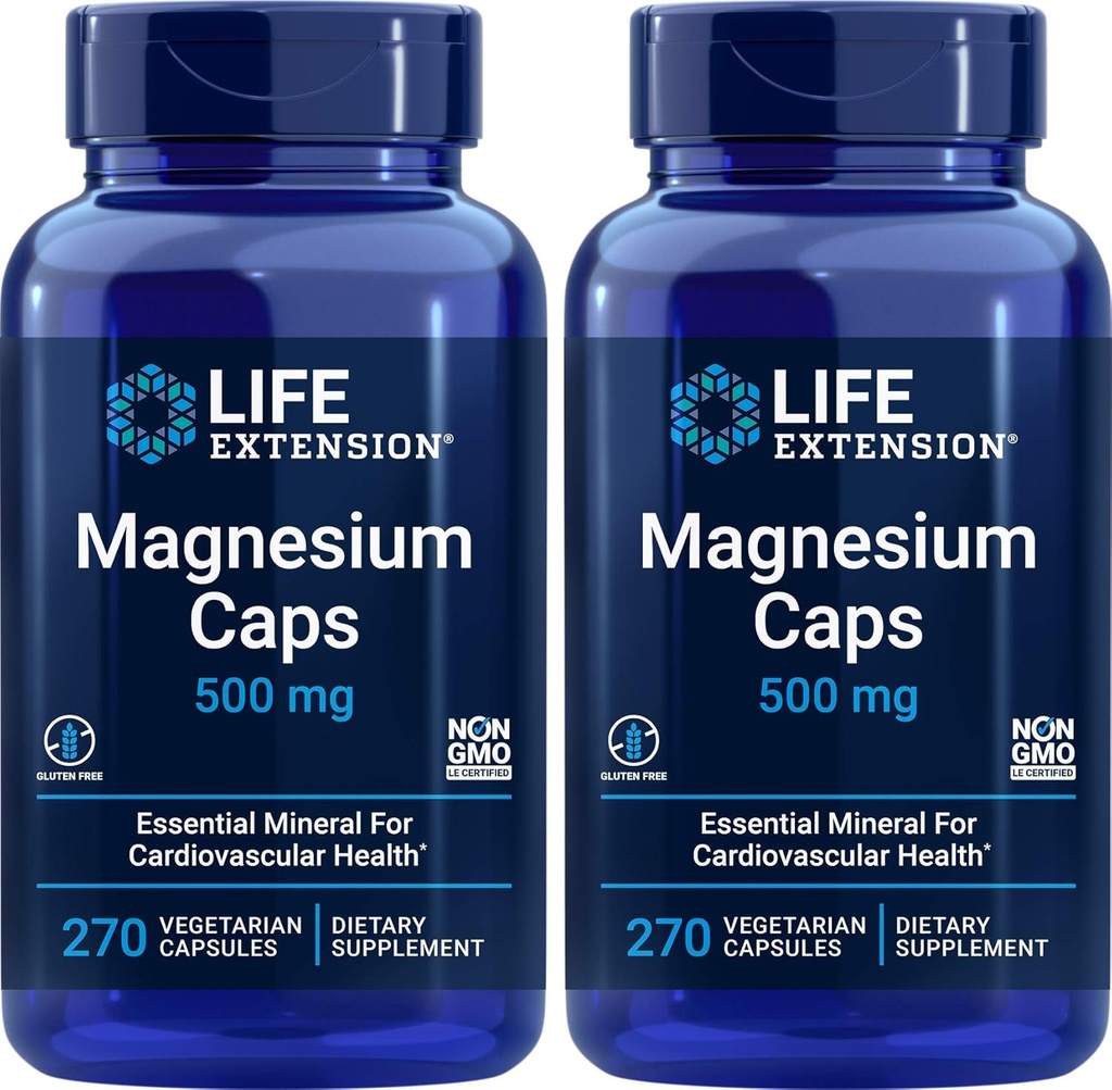 Life Extension Magnesium Caps 500mg, 270 kapsler (pakke med 2) - Vegan, non- GMO, mag complex supplement w / oxid, citrat, succinat