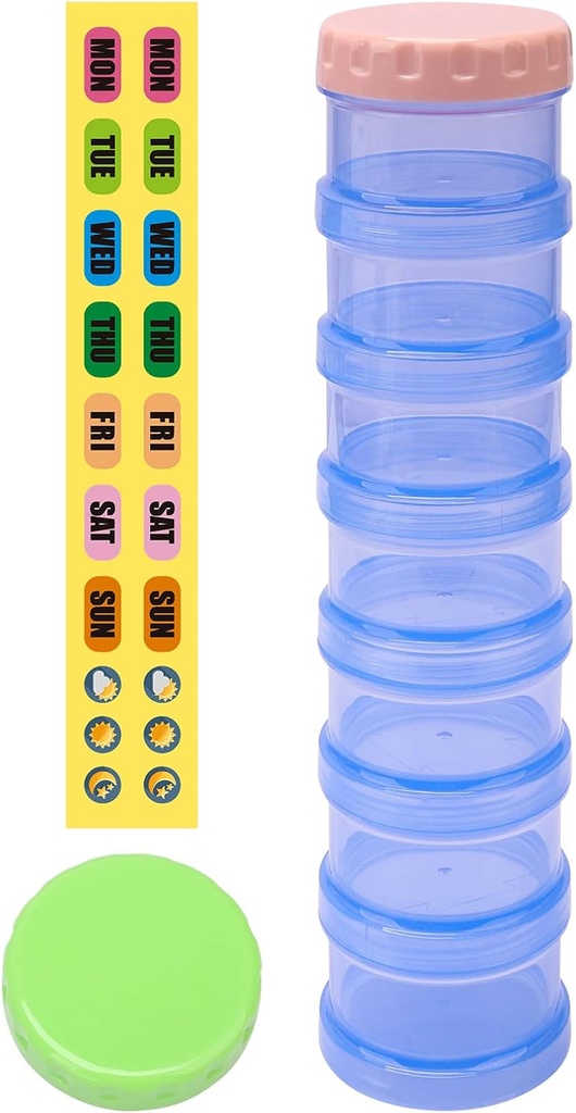 7 Day Pill Organizer Case Stackable Weekly Supplements Vitamins Pills Holder Dispenser Extra Large Translucent Blue with Label and One More Lids