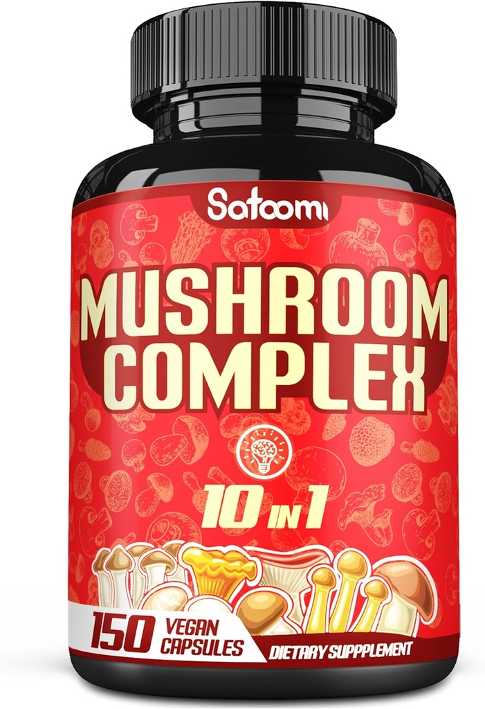 Satoomi 10in1 Mushroom Complex Kosttilskud - 5 måneder Supply - Blended with Lions Mane, Cordyceps, Reishi, Chaga, Maitake, Shitake & andre -Brain Support - 150 Kapsler