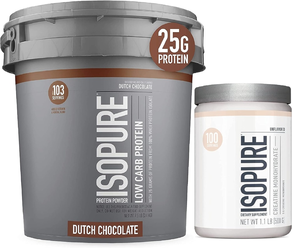 Isopure Protein Powder Low Carb Med Creatin Powder 500g Unflavored, Keto Friendly Protein Powder, 100% Whey Protein Isolate, Protein Flavor: Hollandsk chokolade, 7,5 Pounds