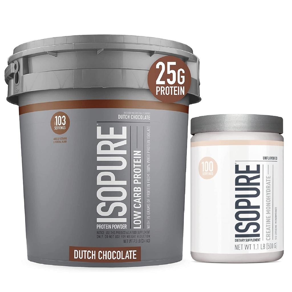Isopure Protein Powder Low Carb Med Creatin Powder 500g Unflavored, Keto Friendly Protein Powder, 100% Whey Protein Isolate, Protein Flavor: Hollandsk chokolade, 7,5 Pounds
