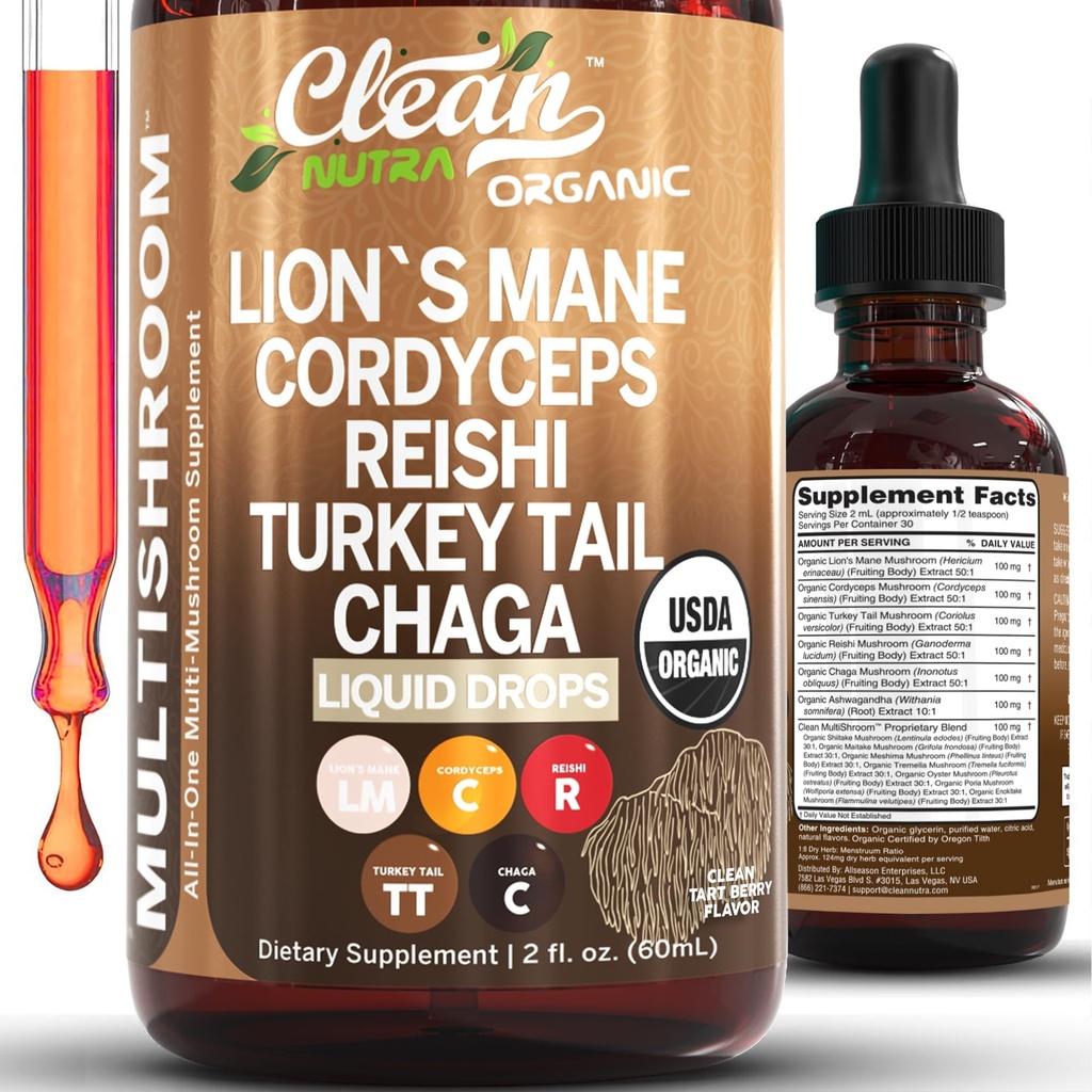 Mushroom Supplement Liquid Drops with Lions Mane Turkey Tail Cordyceps Reishi Chaga Shitake Maitake Tremella Oyster Mushrooms Poria Supplement and Enokitake Mushrooms Complex Blend by Clean Nutra