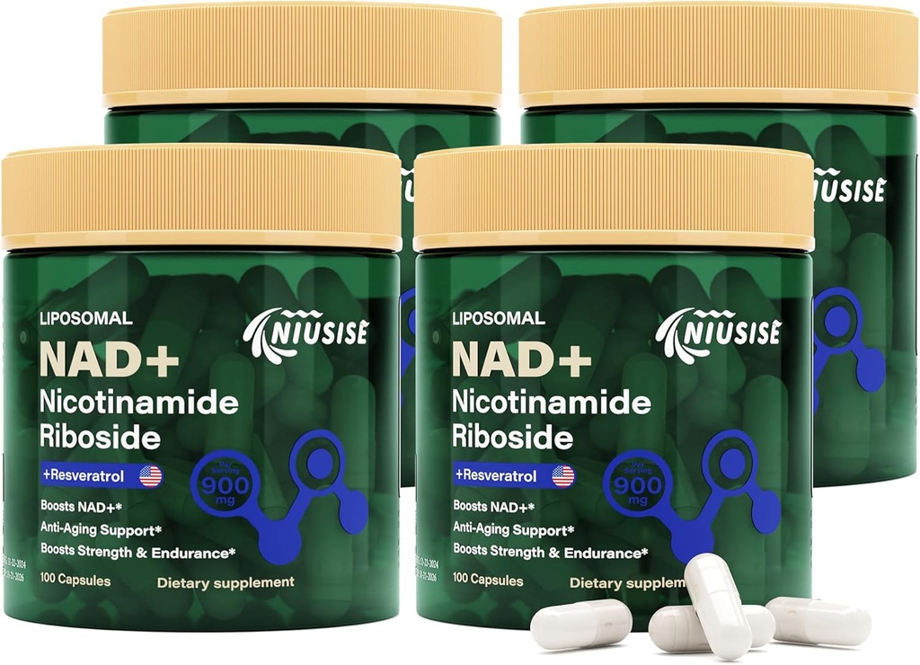 NAD Supplement, NAD Nicotinamid Riboside 900 Mg for mænd og kvinder, Liposomal NAD + Supplement med Nicotinamid Riboside, Resveratrol & Quercetin, Energy, Boost NAD +, 400 Kapsler