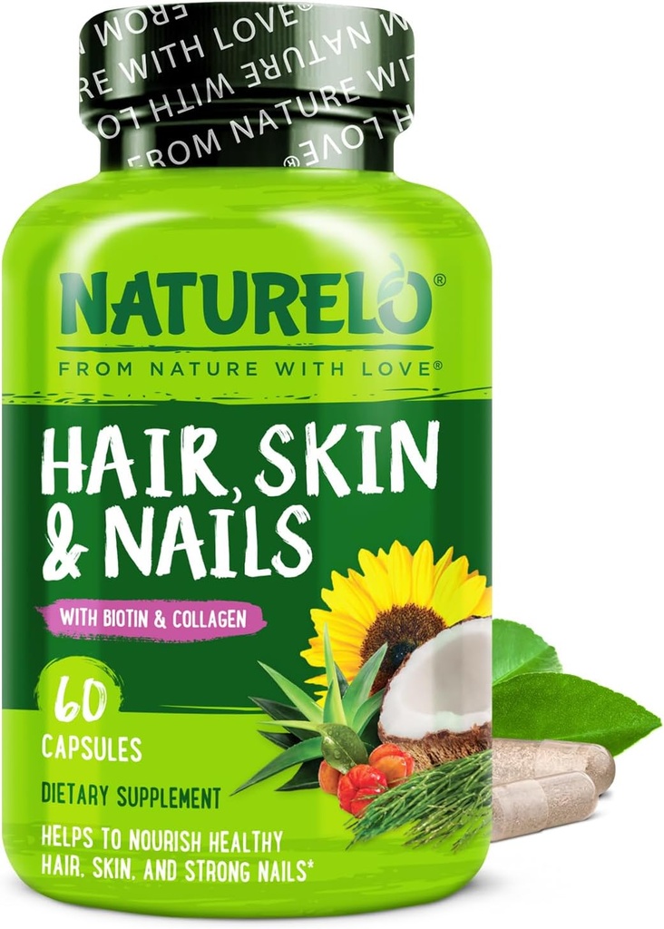 NATURELO Hair, Skin and Nails Multivitamin - 5000 mcg Biotin, Collagen, Natural Vitamin E - Supplement for Healthy Skin, Hair Growth for Women and Men 60 Capsules