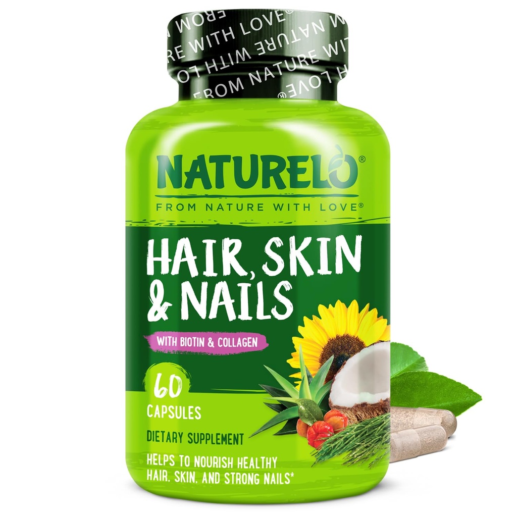 NATURELO hår, hud og negle Multivitamin - 5000 mcg biotin, collagen, naturlige vitamin E - supplement til sund hud, hårvækst for kvinder og mænd 60 kapsler