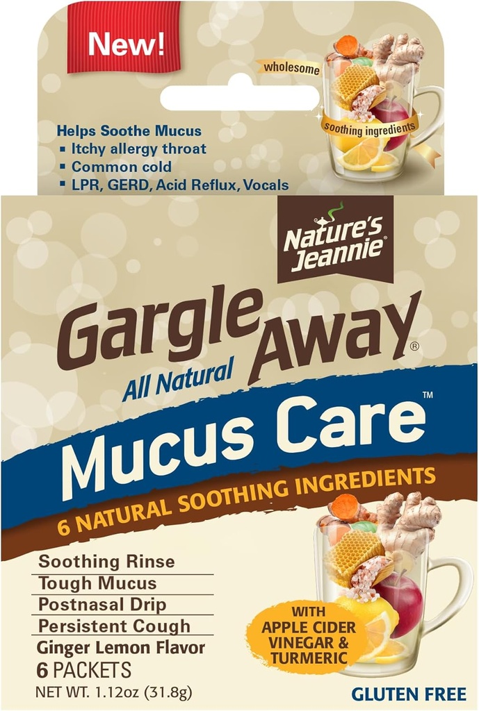 Gargle Away by Nature 's Jeannie All Natural Mucus Care- Soothes Mucus, Post Nasal Drip, Vedvarende Host, 6 Pakker, Ginger Lemon Flavor