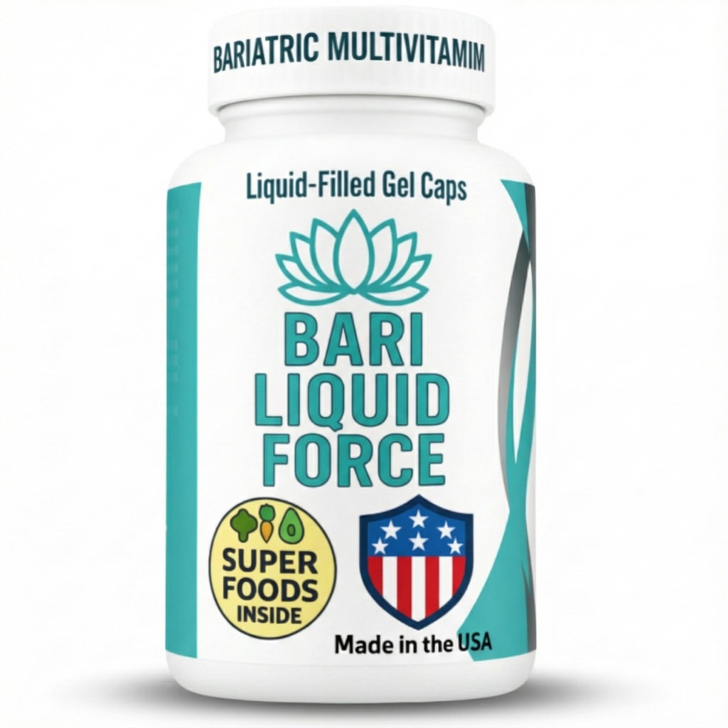 Bari Flydende Kraft En om dagen Bariatric Multivitamin med jern - Rapid Absorption Gel Caps til Gastric Sleeve, Bypass, Duodenal Switch - Superfood Blend - Bariatric must Haves for kvinder og mænd