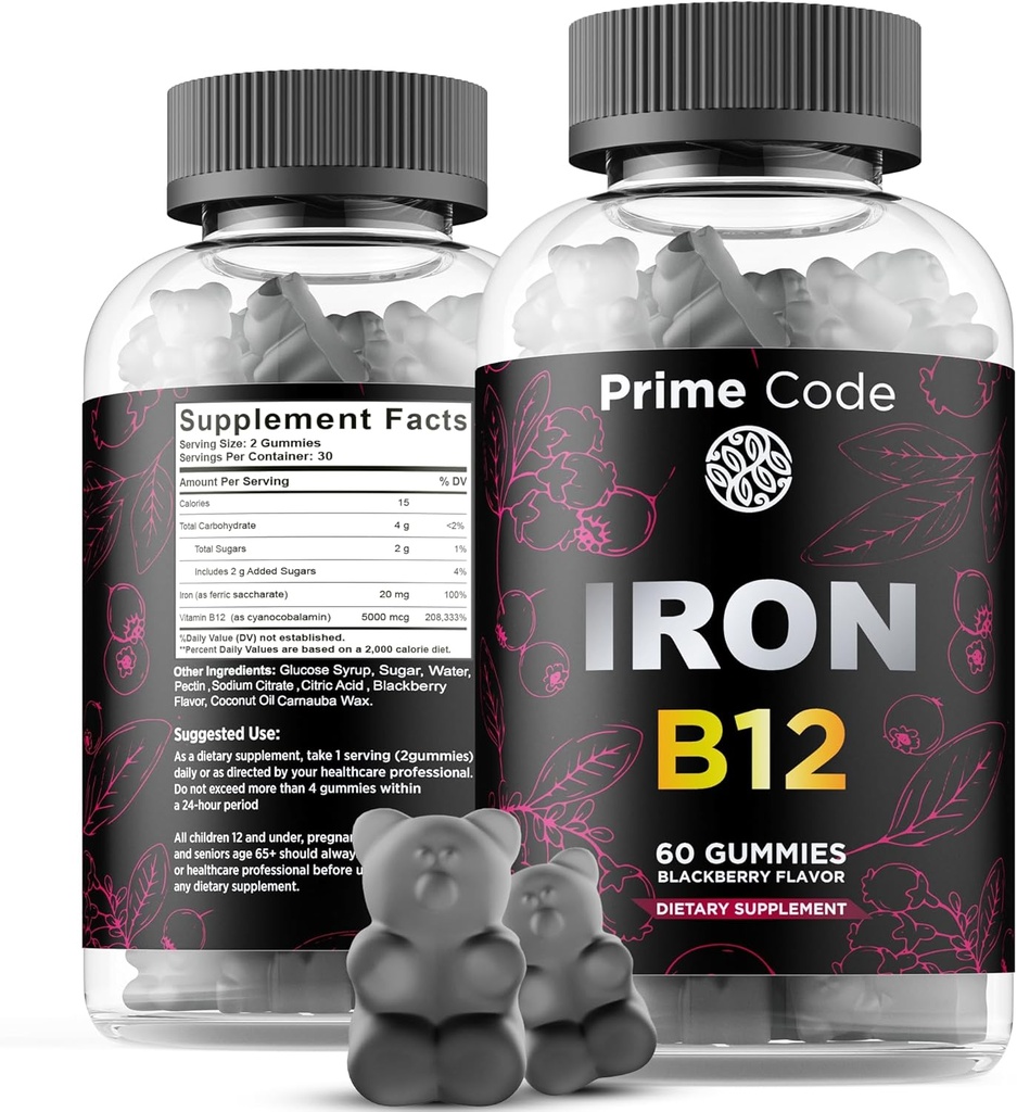 Vitamin B12 Gummier for kvinder og mænd, 20 mg jerntilskud til voksne, Gratis blod Builder for anæmi, Vitamin B12 Gummier med jern & naturlige Blackberry Flavor, Vegan, Non- GMO, 30 dages forsyning