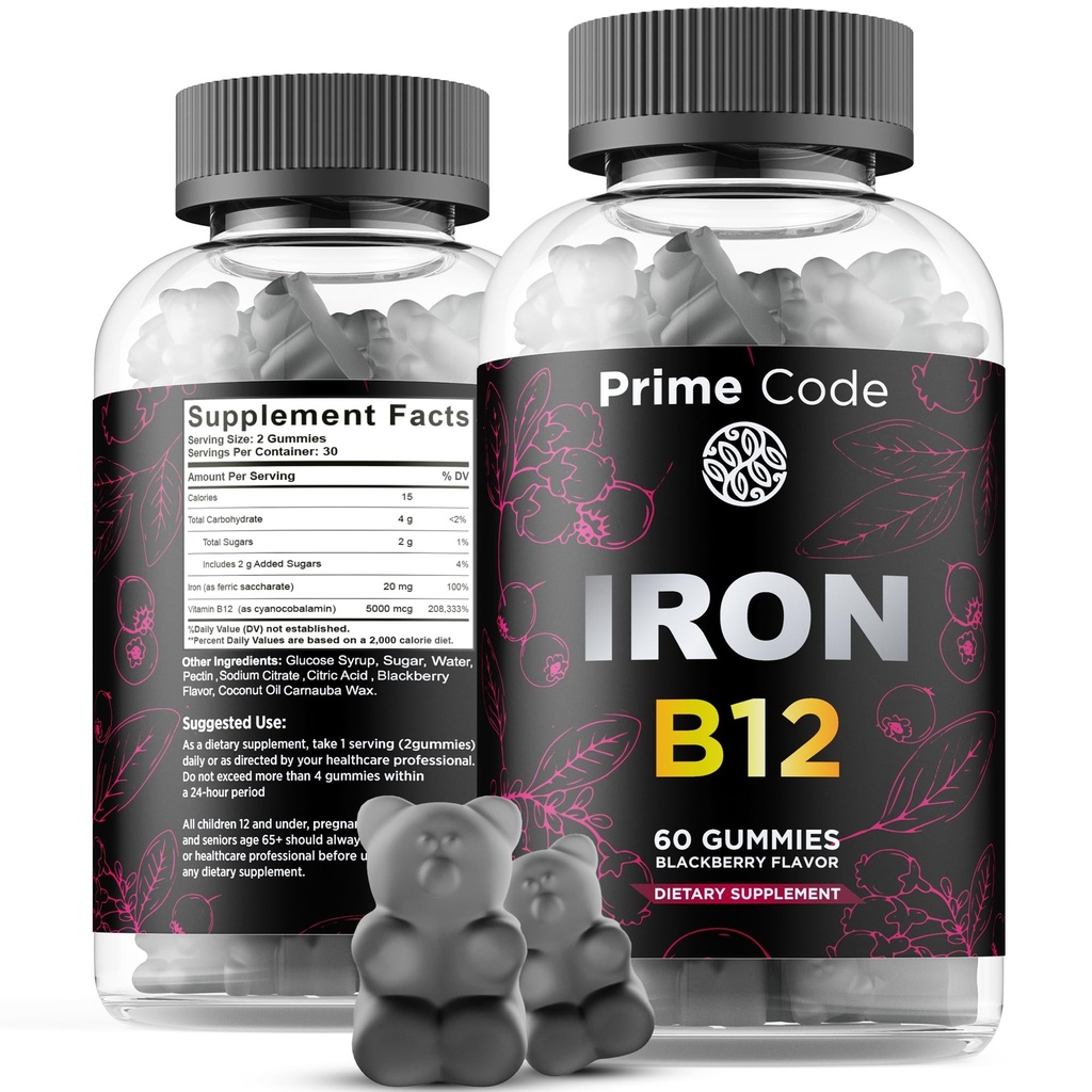 Vitamin B12 Gummier for kvinder og mænd, 20 mg jerntilskud til voksne, Gratis blod Builder for anæmi, Vitamin B12 Gummier med jern & naturlige Blackberry Flavor, Vegan, Non- GMO, 30 dages forsyning