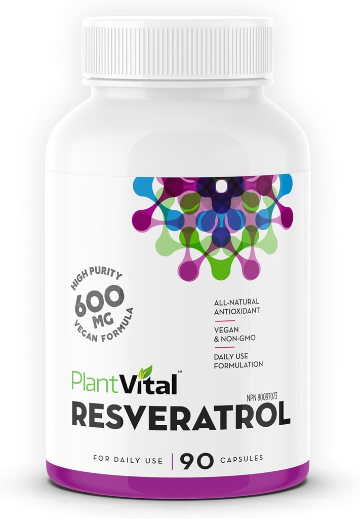 Plantvital Resveratrol 600mg - 90 Vegan Resveratrol kapsler - Høj renhed Trans Resveratrol tillæg - Antioxidant - Non- GMO, Gluten- fri