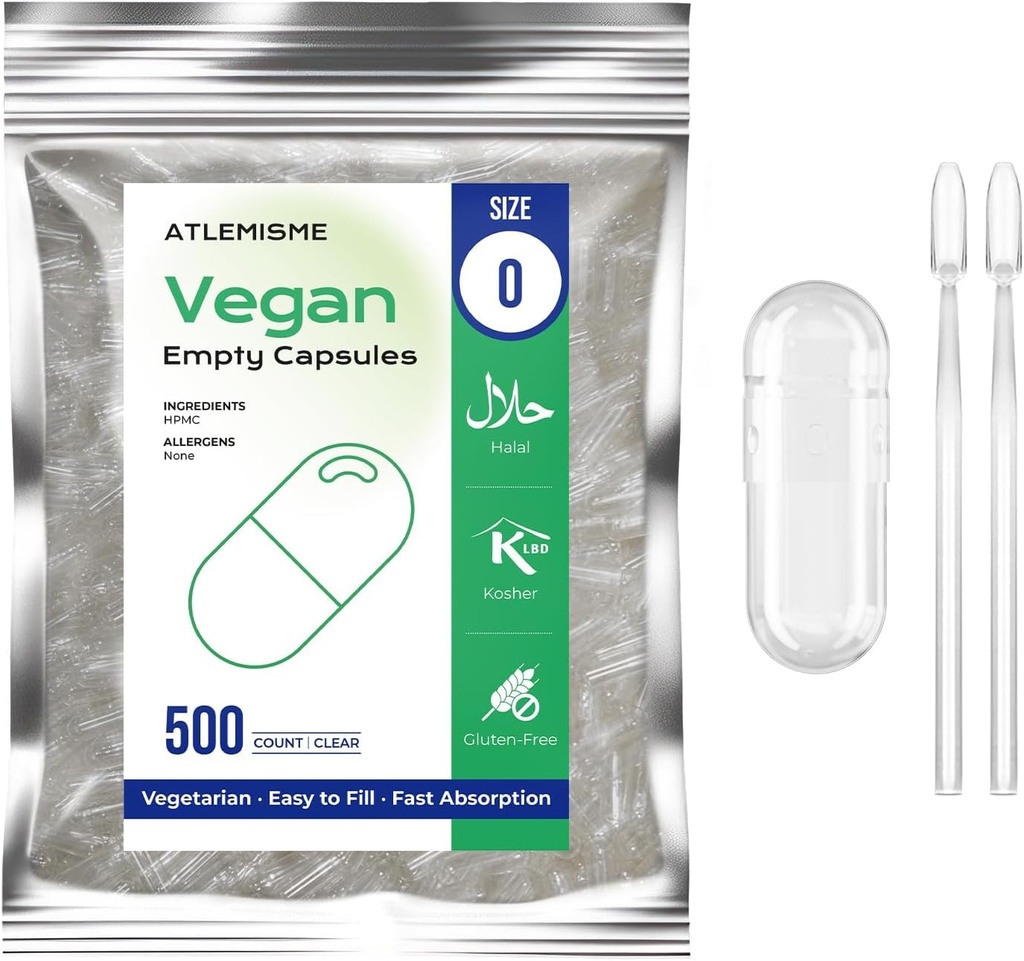Tomme Veganske Kapsler Størrelse 0, 500- Greve gør det selv Vegetabilske Kapsler til Fyldning; Inkluderer 2 Micro Lab skeer