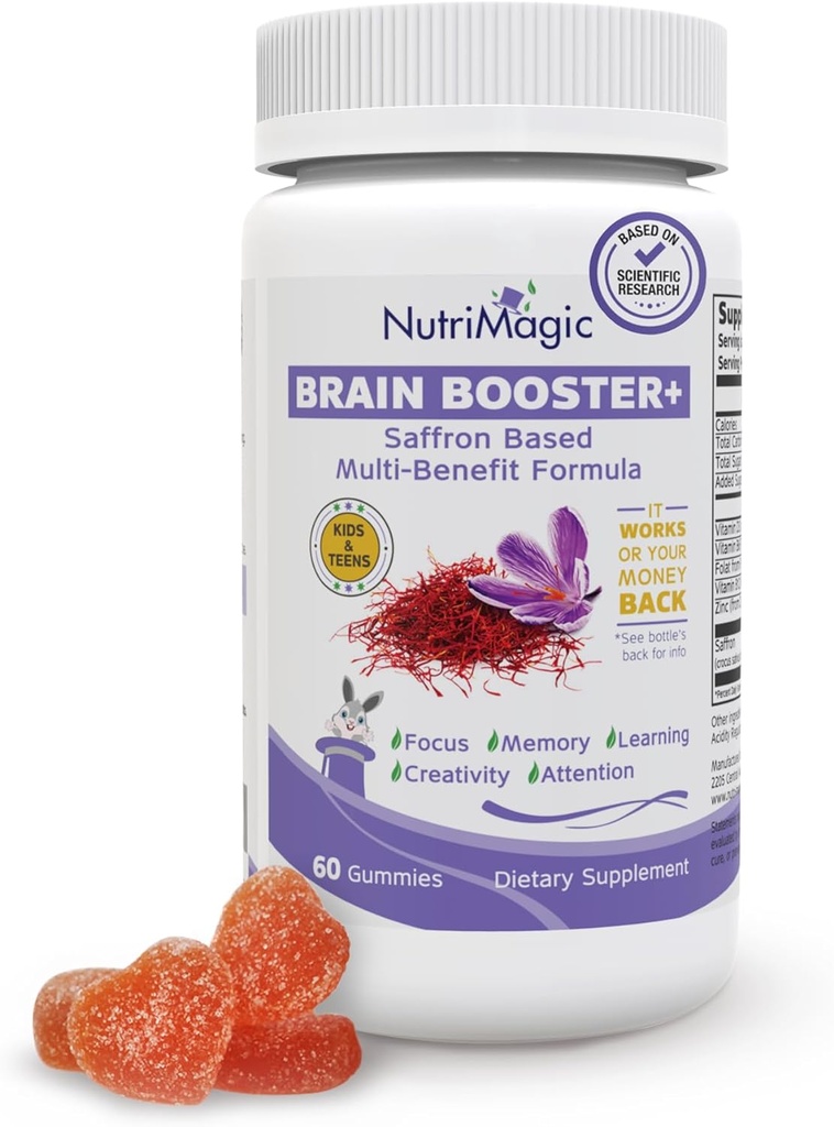 Brain Booster + 30mg Pure Safran Extract Gummies & Multivitamin D3, B6, B12, Zink, Understøtter Kids Brain Health, Fokus, Hukommelse, Opmærksomhed, Mood Balance, Non- GMO Kids Supplement, 30x Servere