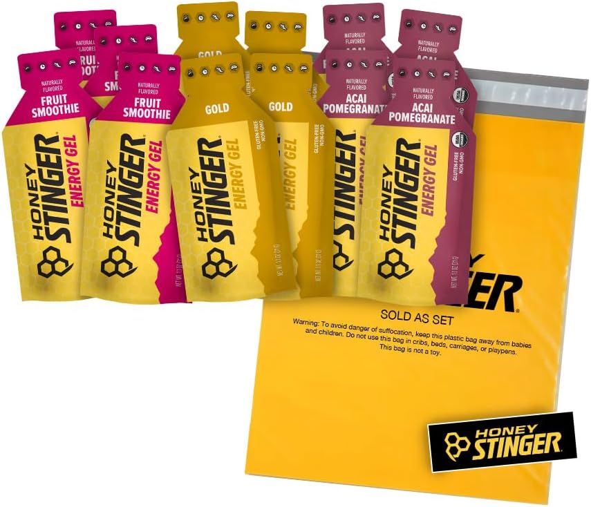 Honning Stinger Organic Energy Gels - Variety Pack med Sticker - 12 Tæl - 4 af hver Flavor - Energikilde til enhver aktivitet - Acai Pomegranate, Guld & Frugt Smoothie