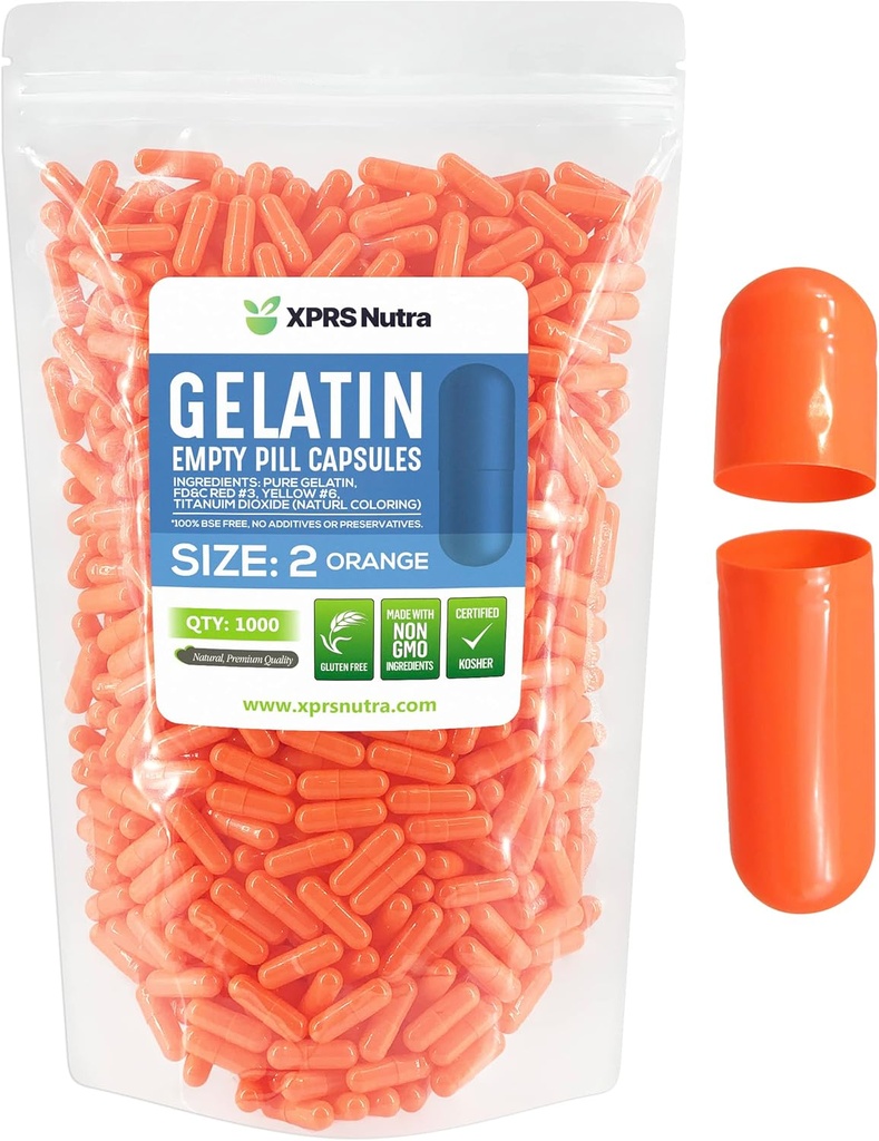 XPRS Nutra Størrelse 2 Tomme kapsler - 1000 Tomme Gelatine kapsler - Piller selv Capsule Fyldning - Pure Bovin Pille Gel Caps til Do- It- Yourself Kosttilskud (Orange)