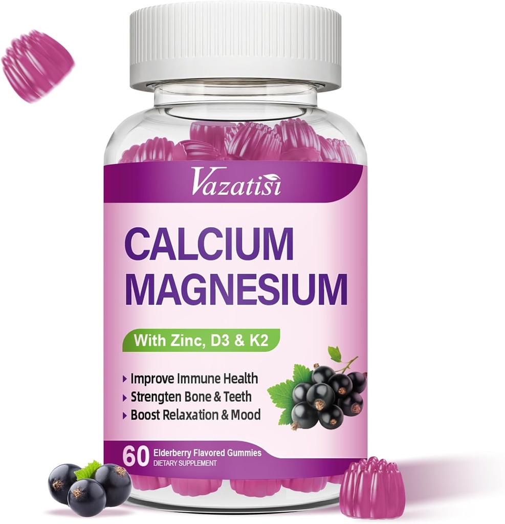 Calcium Magnesium Zinkgummier med D3- og K2- vitamin, høj absorption Magnesiumglycinat Kalium til immun- og muskelsyre, Vegan Elderberry Flavor 60 gummies