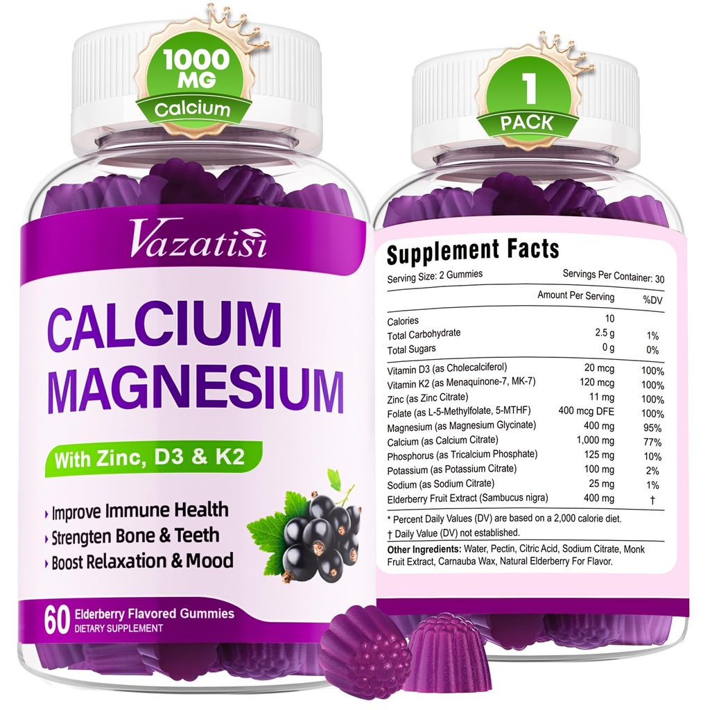 Calcium Magnesium Zinkgummier med D3- og K2- vitamin, høj absorption Magnesiumglycinat Kalium til immun- og muskelsyre, Vegan Elderberry Flavor 60 gummies