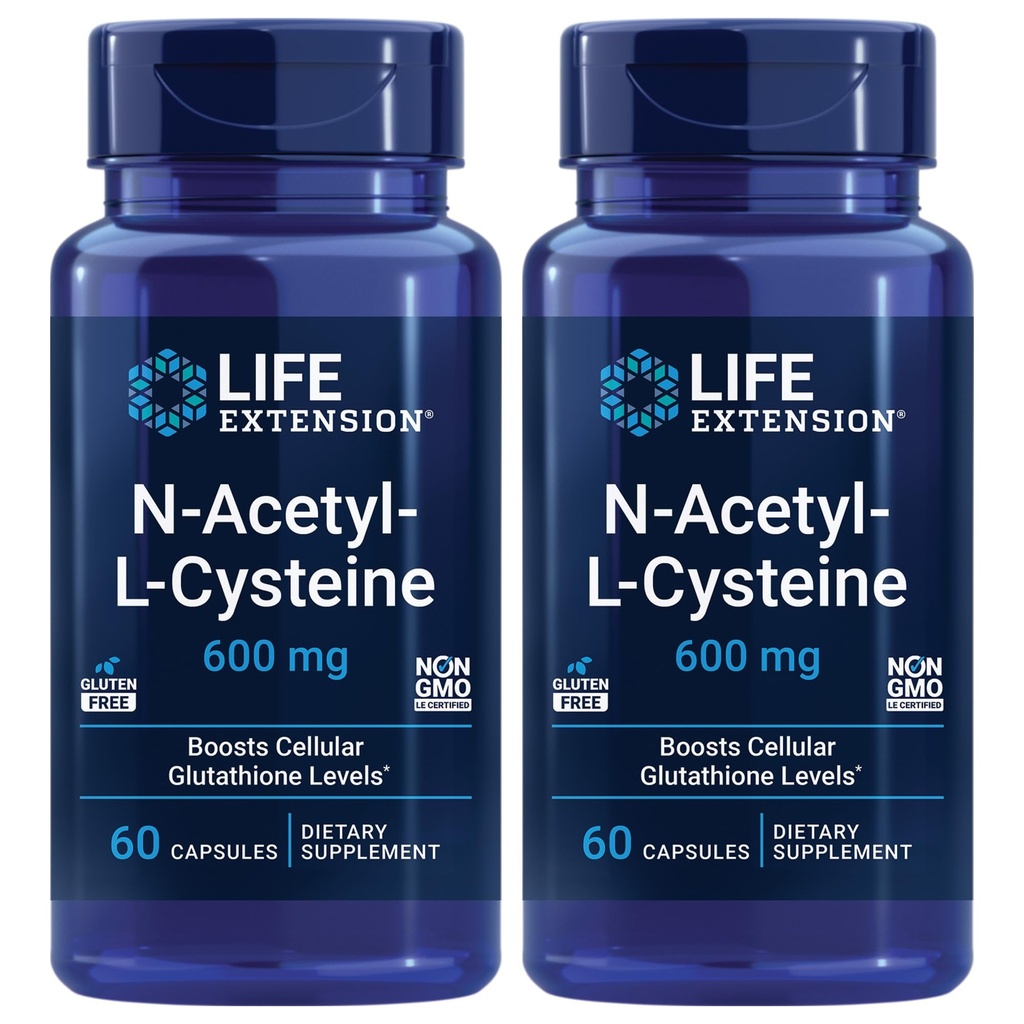 Life Extension N-Acetyl-L-cystein (NAC), immunrespons, respiratorisk sundhed, leversundhed, NAC 600 mg, antioxidant forsvar, frie radikaler, let at Absorb - Two Pack x 60 Kapsler