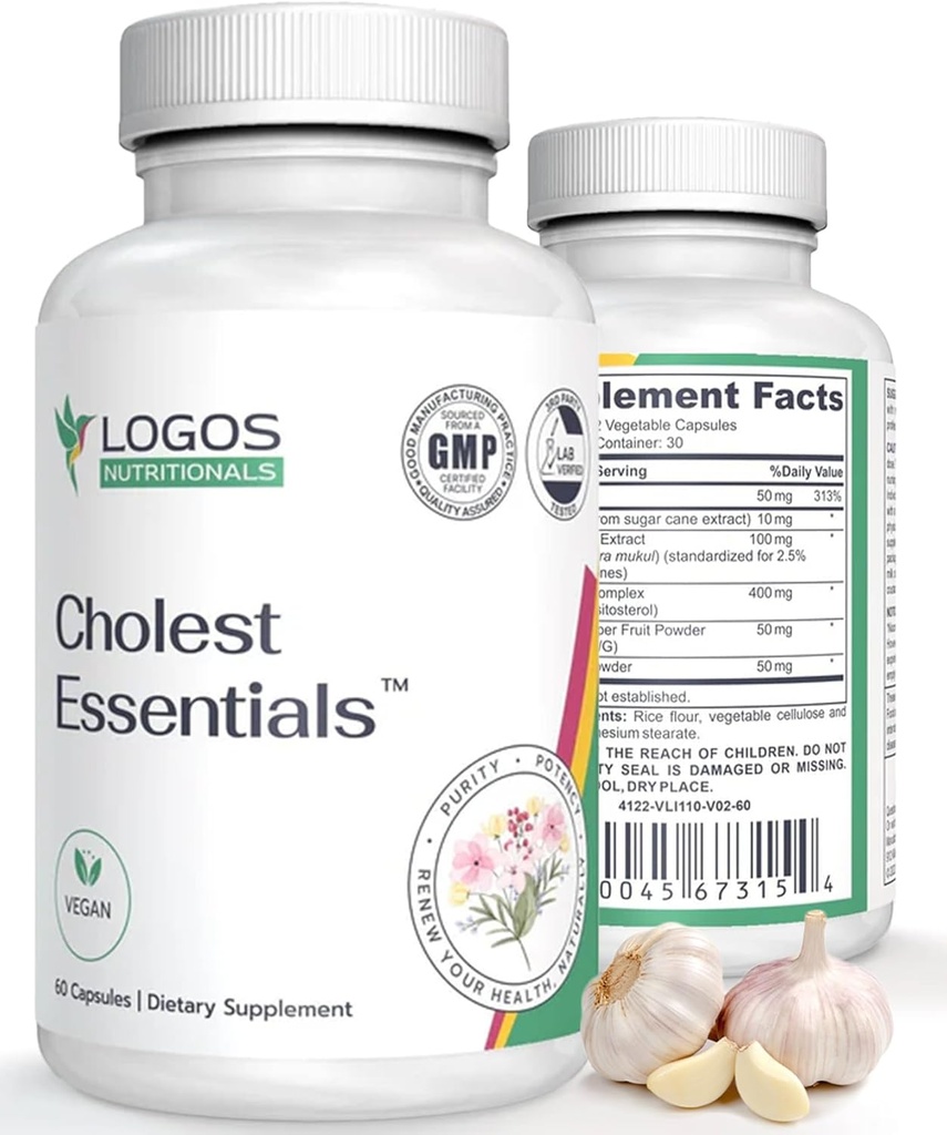 Cholest Essentials - 60 Capsules Yep 124; Vegan Supplement med hvidløg, Niacin, Policosanol, Guggul, Plant Sterol & Cayenne Mep 124; Daglige Wellness Kapsler for mænd og kvinder