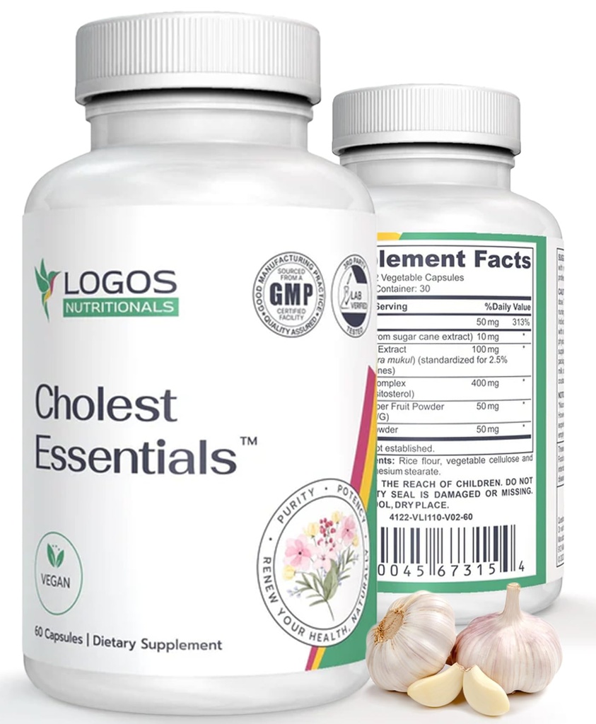Cholest Essentials - 60 Capsules Yep 124; Vegan Supplement med hvidløg, Niacin, Policosanol, Guggul, Plant Sterol & Cayenne Mep 124; Daglige Wellness Kapsler for mænd og kvinder