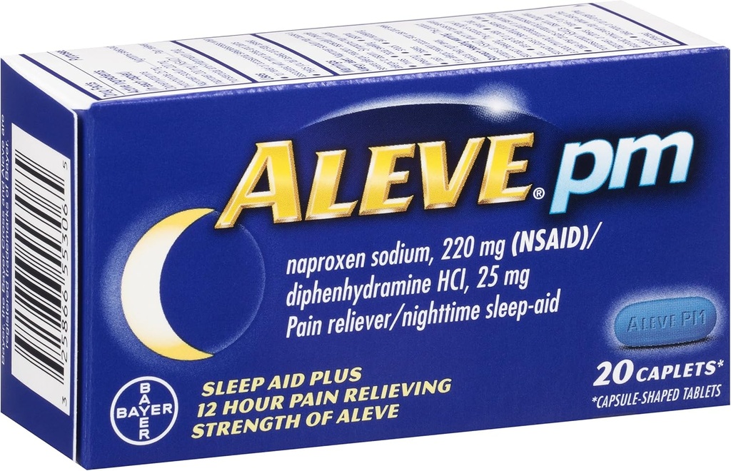 Aleve PM Caplets, Naproxen Natrium 220 mg (NSAID) / diphenhydramin HCl 25 mg, Pain Reliever / Nighttime Sleep- Aid, Non- Habit Danning, 20 Greve