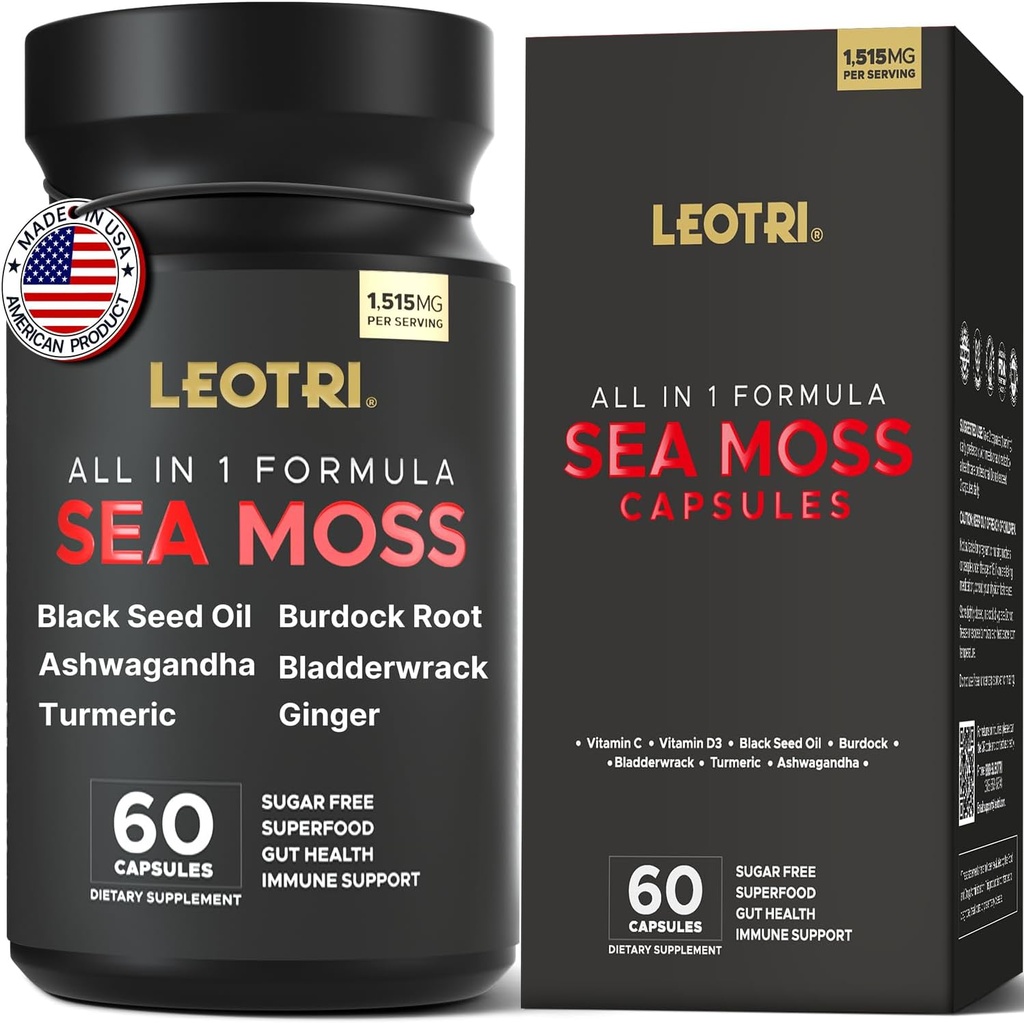 Økologiske Irish Sea Moss Kapsler: Sea Moss 10500mg Black Seed Oil 6000mg Gurkemeje 3000mg Ashwagandha 3000mg Bladerwrack 3000mg Burdock Root 3000mg Ginger til hud Gut Health Superfood 60 Kapsler