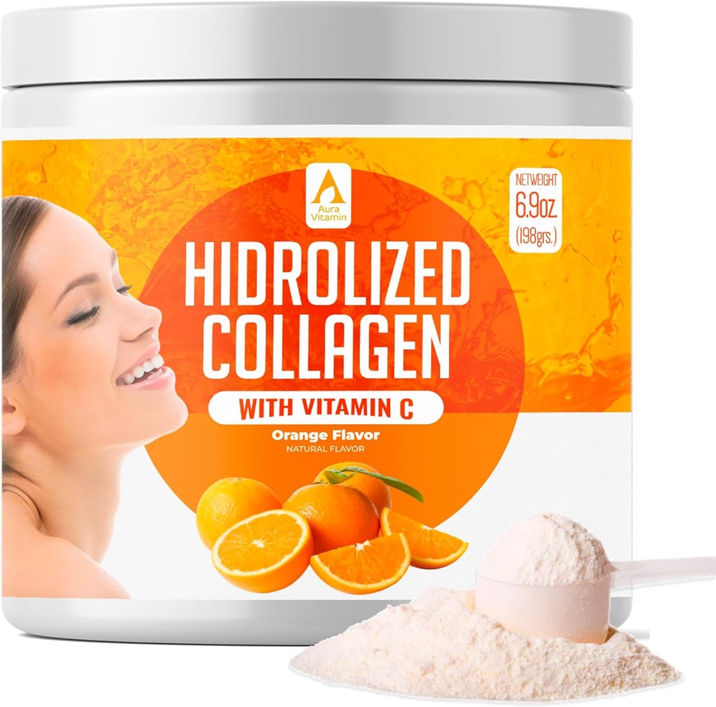 Hydrolyseret kollagen pulver supplement Note 124; fremmer hår, negle, hud, ben, fælles sundhed, tandkød sundhed Note 124; Hydrolyzed grass Fed kollagen peptider Note 124; Kollagen til kvinder Note 124; 200gr (Orange)